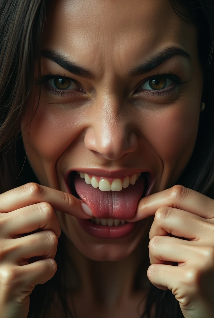 a young woman holding chains licks the chains, tatoo, mouth open, tongue, saliva, crazy, bug eyes, 