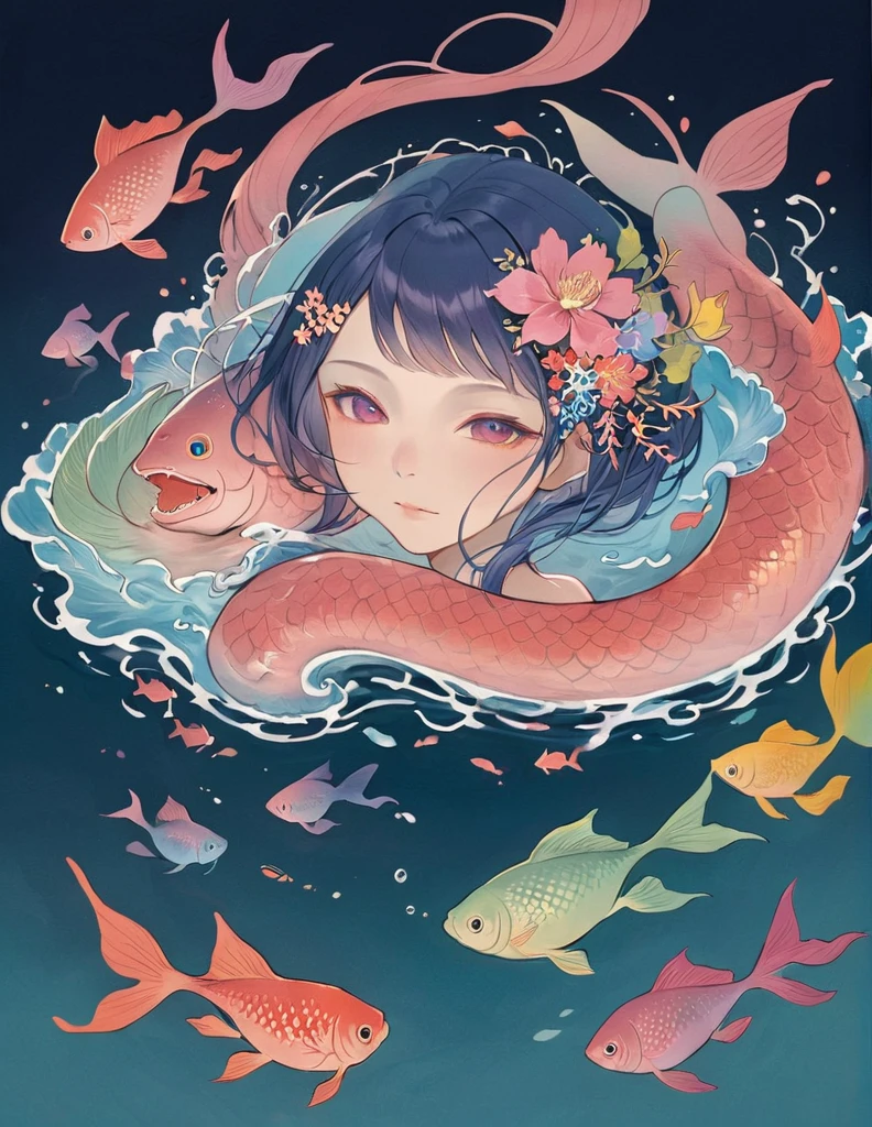 Low angle, A composition that includes the entire subject from head to toe, One Woman, Japanese Yokai, 人fish, So that the whole body can enter, Paint a beautiful monster portrait, Beautiful art, colorful, In the water, deep sea, fish