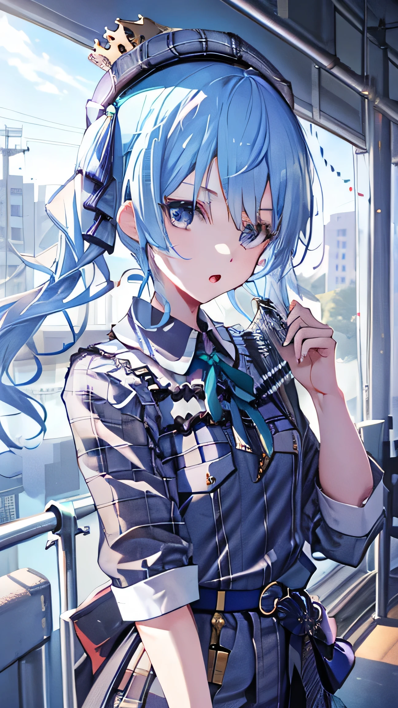 1girl, hoshimachi suisei, blue eyes, blue hair, plaid, open mouth, plaid headwear, side ponytail, beret, crown, oversize tshirt, tshirt, wearing white tshirt, blue jeans long pants, jeans long pants, shirt, hair between eyes, ribbon,
