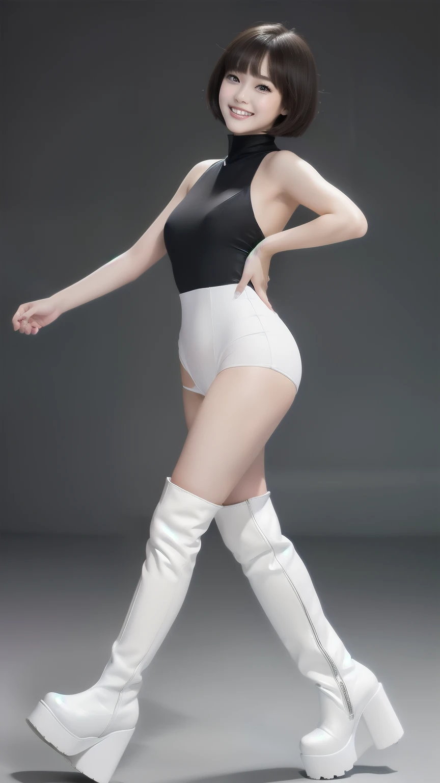 Android with a short bob cut、White high leg leotard protector､White knee-high platform boots、Walking with big strides and aplomb､Side view image、Baby-faced beauty、Ultra HD、Masterpiece、Pay attention to the smile、