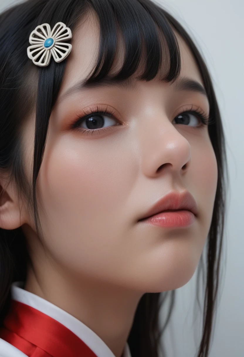 best quality, (photorealistic:1.2), 1girl, solo, detailed face, face focus, standing, black hair,(hair ornament:1.35),office lady, ribbon-trimmed sleeves, detached sleeves, ribbon trim, wide sleeves, (looking at viewer:1.5) long hair, black eyes, bangs, lips,Blue Hair, Best Quality, White Hair, Makeup, Blush, Wide Shot, Hair Clip, Silhouette, Abstract, Constructivism, Conceptual Art, 1girl, 