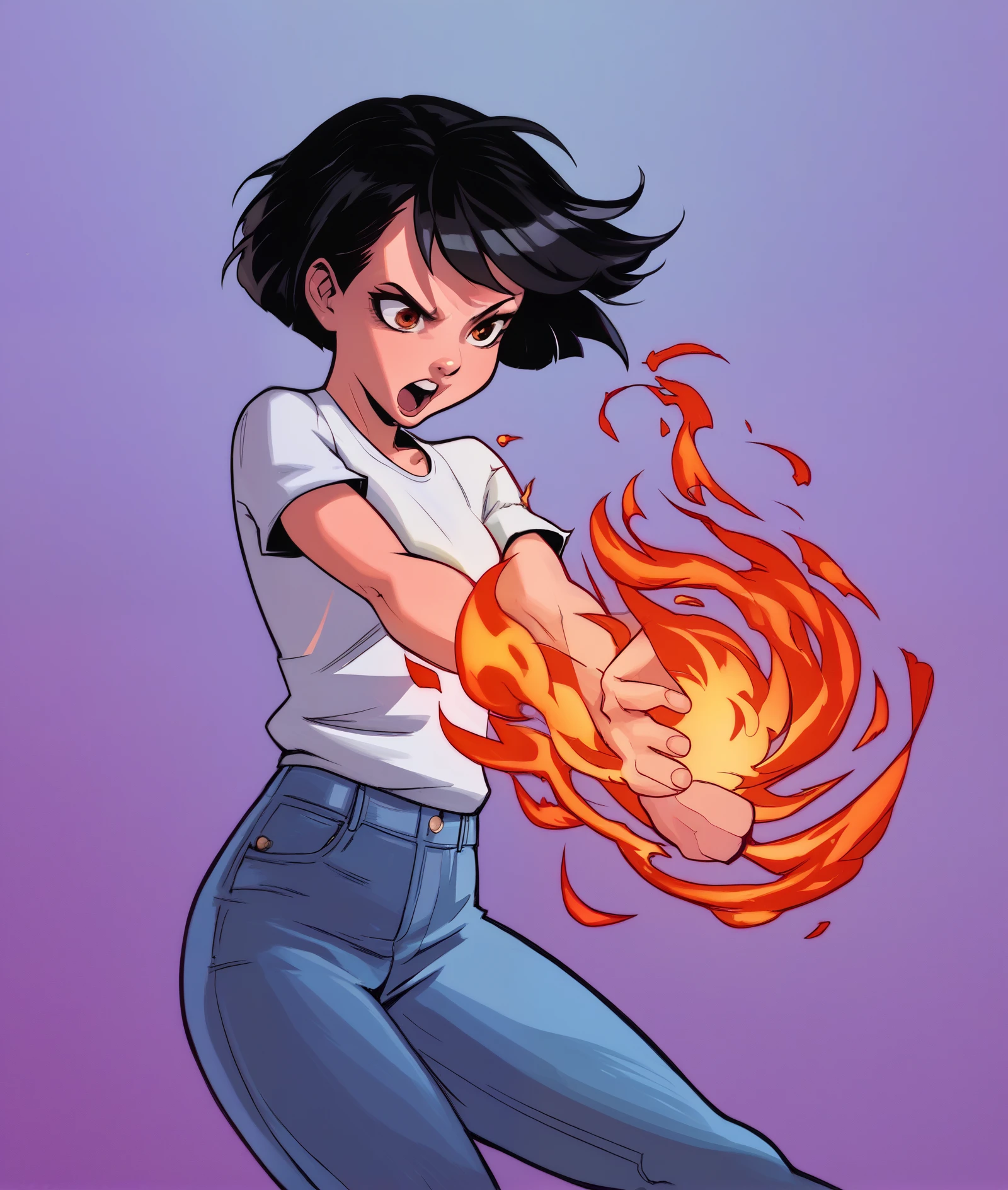 source_anime, score_9, score_8_up, score_7_up, score_6_up, hdz style, cel shading, linear hatching, Dynamic action pose, anime-style female character, fiery energy swirl, exaggerated foreshortening, intense expression, short black hair, casual outfit with rolled-up sleeves, white shirt and jeans, vibrant fire effects, high-contrast shading, bold outlines, energetic and powerful movement, minimal background.