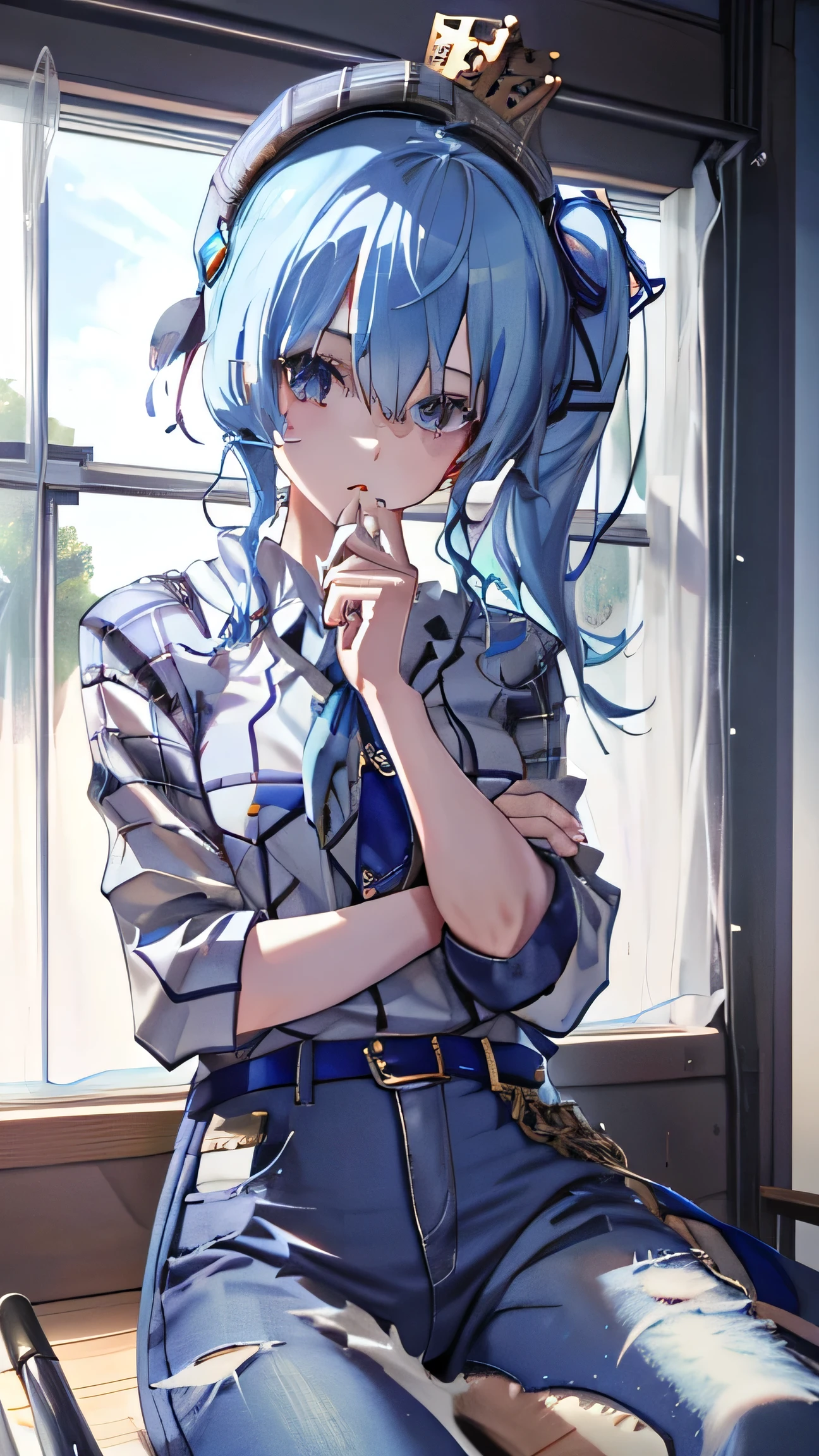 1girl, hoshimachi suisei, blue eyes, blue hair, plaid, plaid headwear, side ponytail, beret, crown, oversize tshirt, tshirt, wearing white tshirt, blue jeans long pants, jeans long pants, shirt, hair between eyes, ribbon, white long tshirt, oversized tshirt
