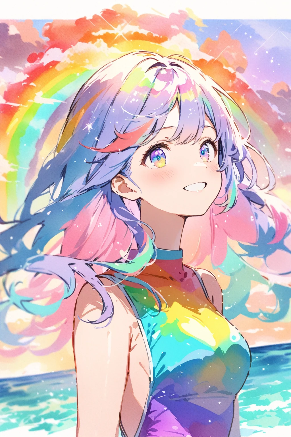 Top quality, masterpiece, watercolor style, female, Rainbow long hair,Rainbow Eyes, transparent feathers, Transparent tulle iridescent swimsuit that allows light to shine through, spectacular splashes of water, sea of galaxies, sea of stars, arms spread out Close-up of running pose, smile, whole body