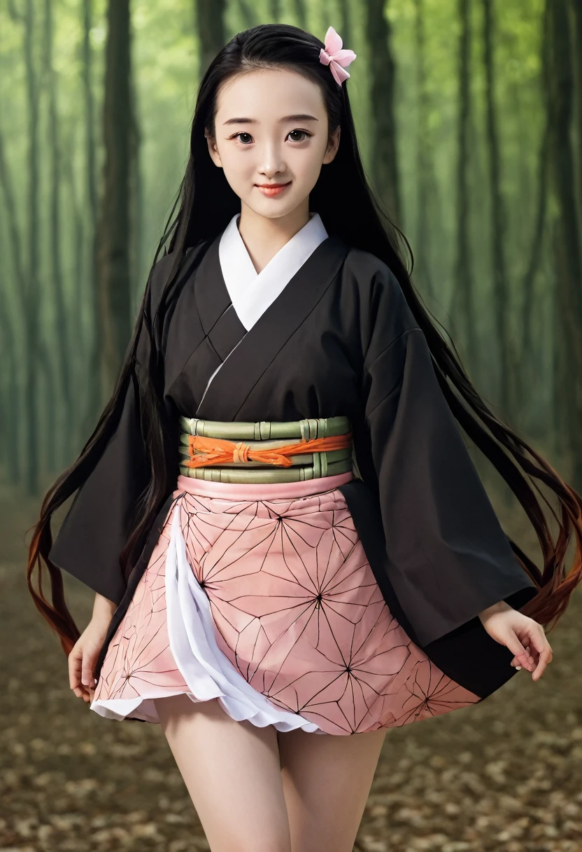 Nezuko, cute girl, a young girl with long black hair that fades to shades of bright orange at the ends. Her eyes are a bright pink, reflecting both innocence and determination, has a bamboo muzzle attached to its mouth. The girl has a soft and youthful appearance, but there is an underlying strength in his stance. Está standing en un bosque sereno al atardecer, with cherry petals falling gently around it, creating a mystical and ethereal aura."
standing, She wears a maid uniform, short black flared skirt, long brown hair, nice smile, beautiful legs, full body, minimalist background, red heels, mas sexy, NSFW, sexually, detailed