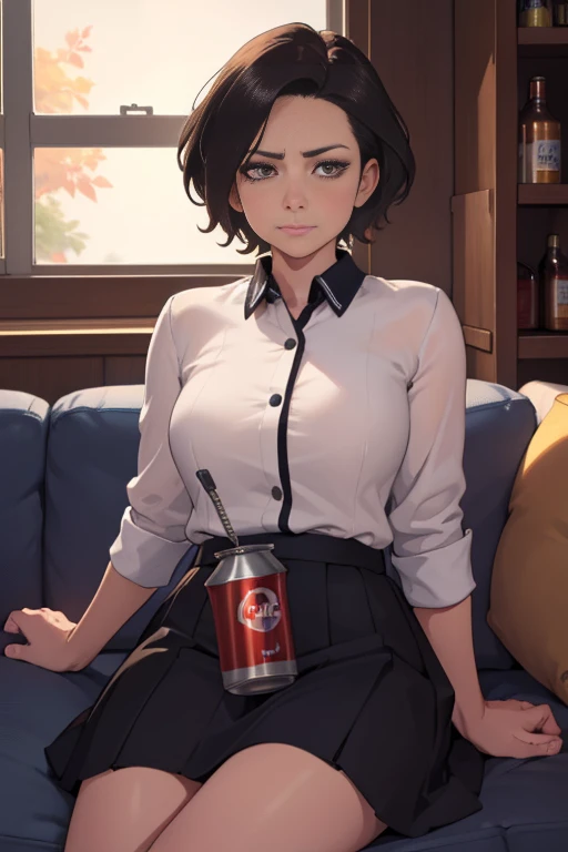 1girl, career woman in her 24s, short permed hair, navy skirt, tired expression, taking a canned beer from fridge, holding beer can in right hand, sitting on black sofa with legs spread 140 degrees, arms on sofa back, angry facial expression, (best quality,4k,8k,highres,masterpiece:1.2),ultra-detailed,(realistic,photorealistic,photo-realistic:1.37),highly detailed portrait, dramatic lighting, cinematic mood, muted color palette, oil painting style