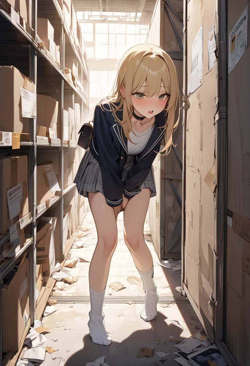 NSFW,Browsing Caution. (masterpiece, Highest quality, so beautiful, Very detailed), Intricate details, blonde, Black choker, Browsing Caution,Japanese schoolgirl.White ribbed ankle socks。Kidnapped, raped and abandoned in a warehouse.I can&#39;t go home in an unfamiliar place.despair.Wet pussy.