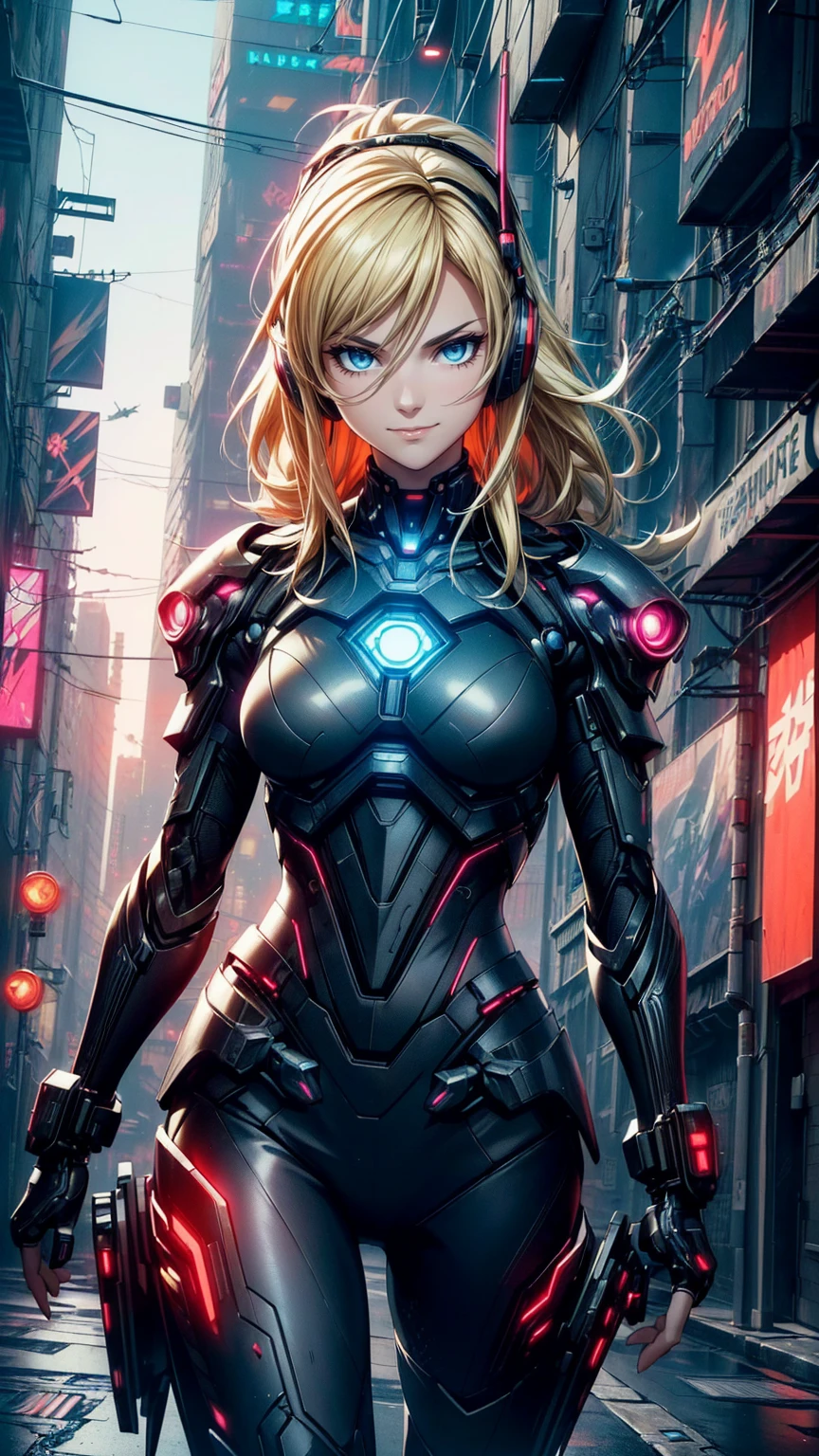 最high quality、 Hyper Definition,  Extremely Detailed, masterpiece、cyberpunk fantasy, Beautiful  cyborg anime woman((20-year-old、Cyborg body, detailed glow,  super dynamic pose ,  Red solid eyes, Perfect Detailed Eyes, Blonde  Hair、Disheveled Hair、Cyberpunk Hairstyle、Thin, White and Black mechanical body armor、Glowing tactical future uniform, tactical equipment, Mercenary, Smirk Like a Villain、Wearing Futuristic Headphones)),Beautiful art、background((Cyberpunk city))、symmetric, Written boundary depth、Unreal engine rendering、Visual Arts、Perfect art、8K