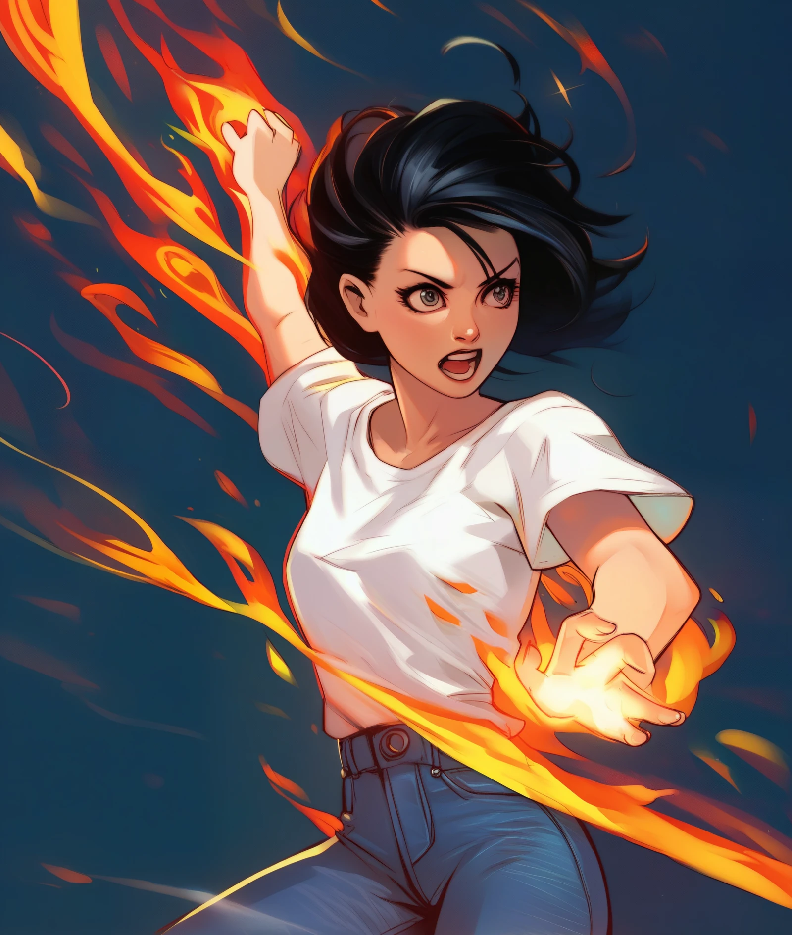 source_anime, score_9, score_8_up, score_7_up, score_6_up, hdz style, cel shading, linear hatching, Dynamic action pose, anime-style female character, fiery energy swirl, exaggerated foreshortening, intense expression, short black hair, casual outfit with rolled-up sleeves, white shirt and jeans, vibrant fire effects, high-contrast shading, bold outlines, energetic and powerful movement, minimal background.
