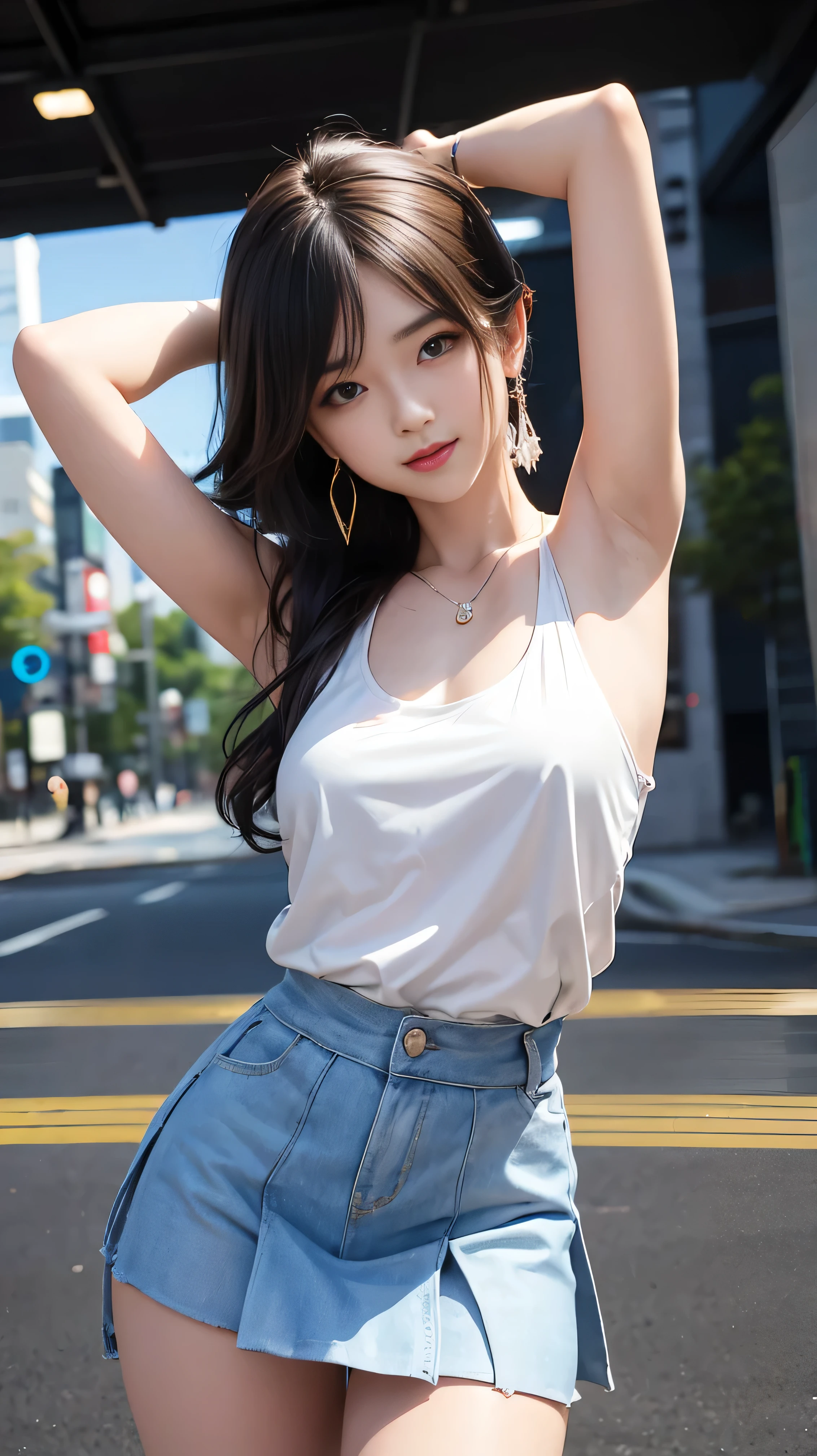 Navigation attention, girl, small curve , girl, thin、Soft look、laugh、Detailed digital art, , cute wife,  Wearing a tank top, Shibuya Ward Intersection、歩くDetailed Artワーク, Detailed Art, Highly detailed official artwork, Kshatri Krenz Key Art Women, [ 4k digital art ]!!、2、Dance、Pleated skirt, Place one hand behind your head., armpit, pretty earrings