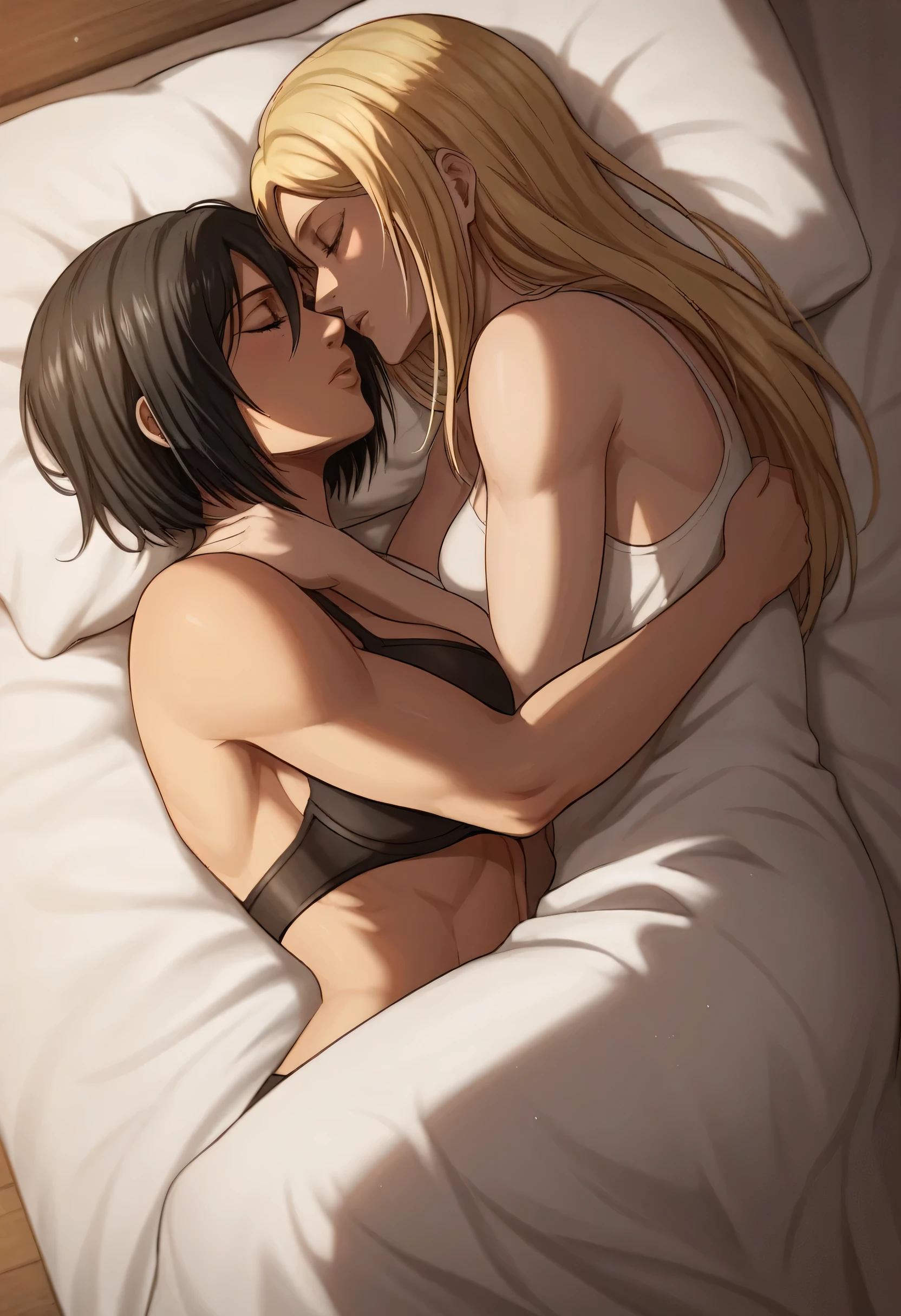 score_9, score_8_up, score_7_up, BREAK source_anime, historia reiss, blue eyes, blonde hair, long hair, medium breasts, long white dress sleeveless,female black hair soldier sleeping with historia,Mikasa with historia sleeping historia ,mikasa wreanig sport black  bra and black combat trousers,Mikasa female with short hair,mikasa female medium breasts,eyes closed,in night,moon in sky,mikasa final season,mikasa taller than historia,Mikasa and  historia sleeping,romantic theme, mikasa her hands on historia body,historia blonde hair,in bed sleeping,angle from side,,yuri,lesbians,girl×girl,mikasa hairstyle from final season,Contrast between two girls' clothing and physical appearance,deep sleeping 