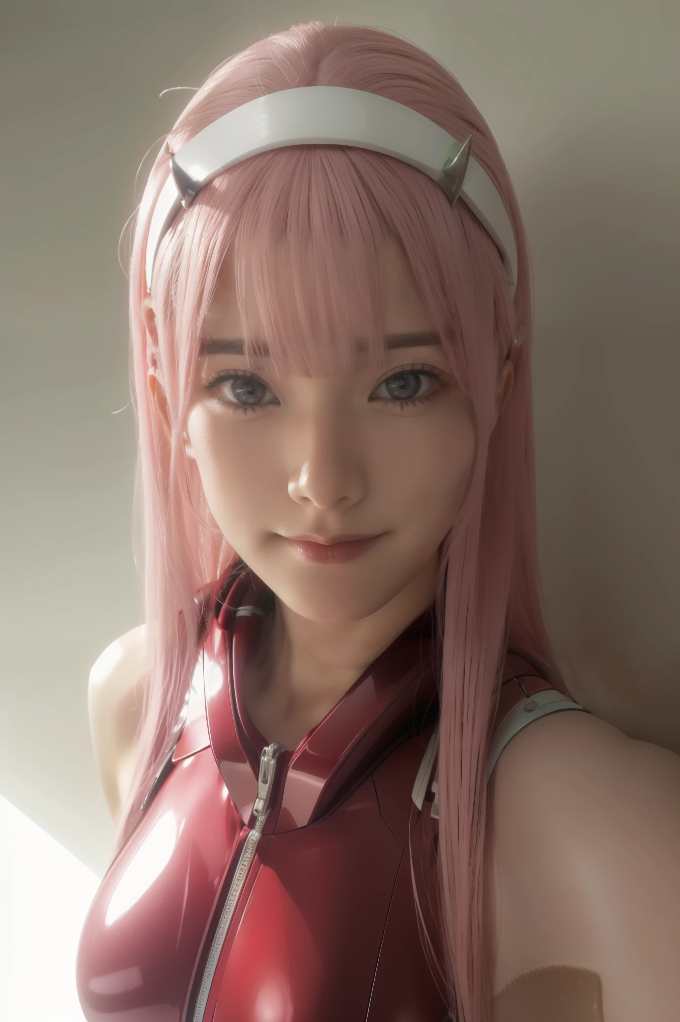 ((best quality)),((highly detailed)),masterpiece,absurdres,detailed face,beautiful face,((detailed eyes, deep eyes)),(1girl),((dynamic pose)),   Zero_Two, green eyes, 1girl, solo, red bodysuit, long hair, pilot suit, pink hair, bodysuit, straight hair, hairband, standing, horns, breasts, bangs, closed mouth, looking at viewer, medium breasts, white hairband, skin tight, blunt bangs, makeup, eyeshadow, very long hair, sidelocks, expressionless, hair between eyes, red horns, shiny hair, smile 