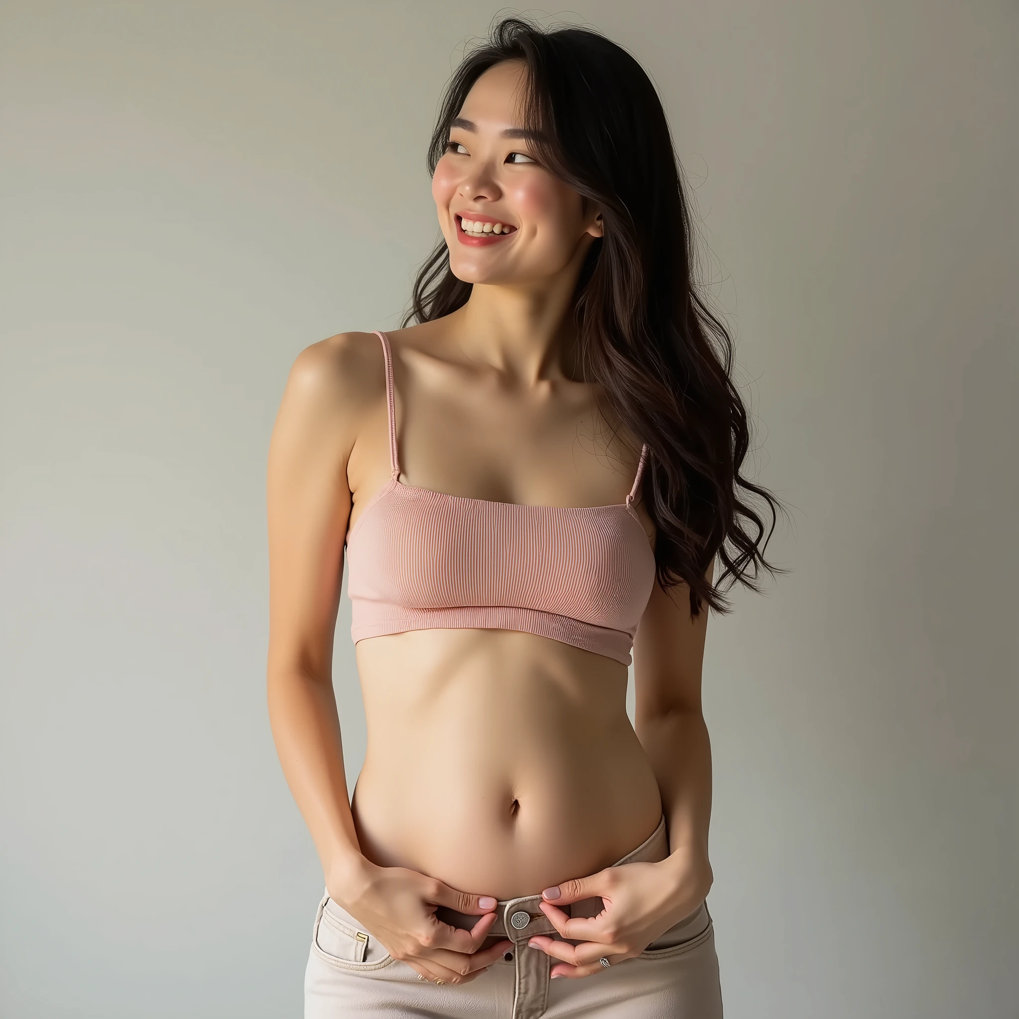 highest quality:1.3, masterpiece, Ultra-high resolution, realistic:1.3, solo:1.3, ((Clear Face)), sidelighting, cowboy shot, from front, (looking at camera:1.3), white background, (completed nude), standing, (flat chest), arms at sides, smile