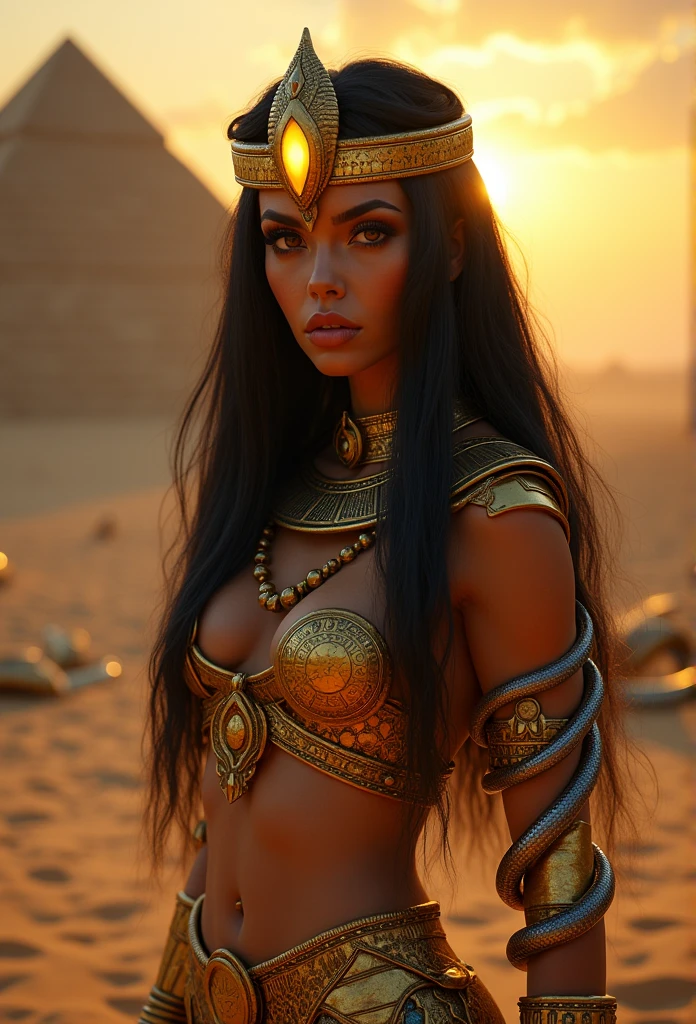 Cleopatra, Greeks, queen of Egypt, (Ancient Egyptian Wig, Traditional Egyptian Wigs), slicked back hair, (beautiful detailed face and eyes), green eyes, light skin, finely detailed skin, (Ancient Egyptian Clothing), Egypt Dressup, gorgeous gold jeweled necklace, earrings, 1girl, solo, best quality, (masterpiece:1.2), high quality, Highres, (hyper detailed), (portrait), photorealistic, 4K, ultra HD, insanely detailed and intricate, high resolution, HDR, extremely detailed CG, f 2.8 lens, (beautiful detailed background), detailed landscape, (Pyramid looks small), Desert and Oasis, (looking afar), sitting, (dynamic pose:1.2), smile, (cowboy shot:1.2),