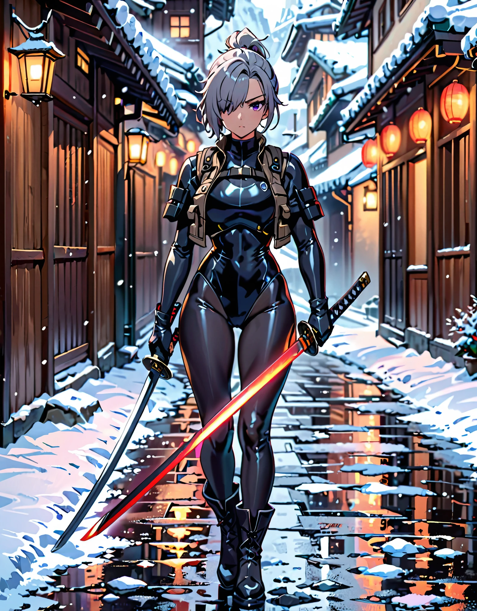 (masterpiece), highly detailed, (best quality), high quality, 1girl, (solo, solo focus), purple eyes, beautiful detailed eyes, beautiful detailed face, (perfect hands, complete fingers), perfect anatomy, perfect proportions, (short hair, (ponytail hair), grey hair), (hair over one eye:1.3), (using katana sword), detailed shadows, detailed light, (black skintight bodysuit, (black leotard, assault vest)), (full black pantyhose, skintight black leggings), matching boots, full body, serious, cowboy shot, snowy alleyway backdrop. full body costume design.