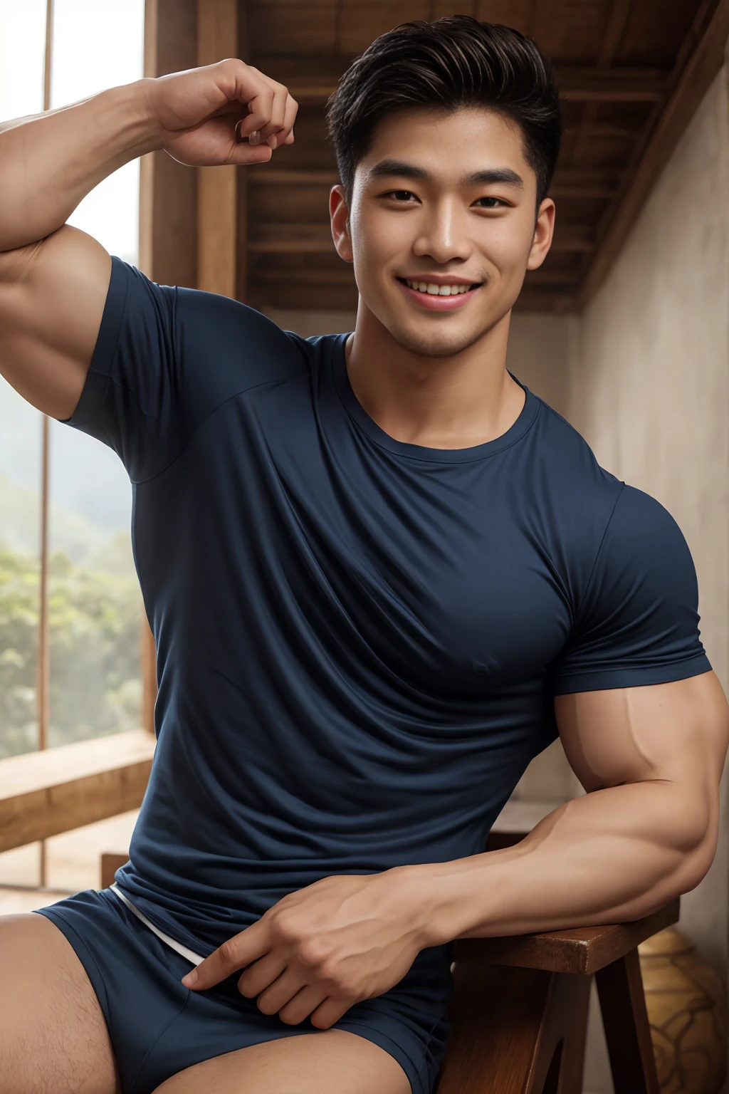 1 male,realistic, highly detailed, intricate details, detailed background, depth of field, photo of a​​ daddy ,((beefy body)), (Korean-thai 27 ages),  on big  window, (smirk:0.9), (seductive gaze, tired), (open mouth:0.9), jean pants, standing cool pose
