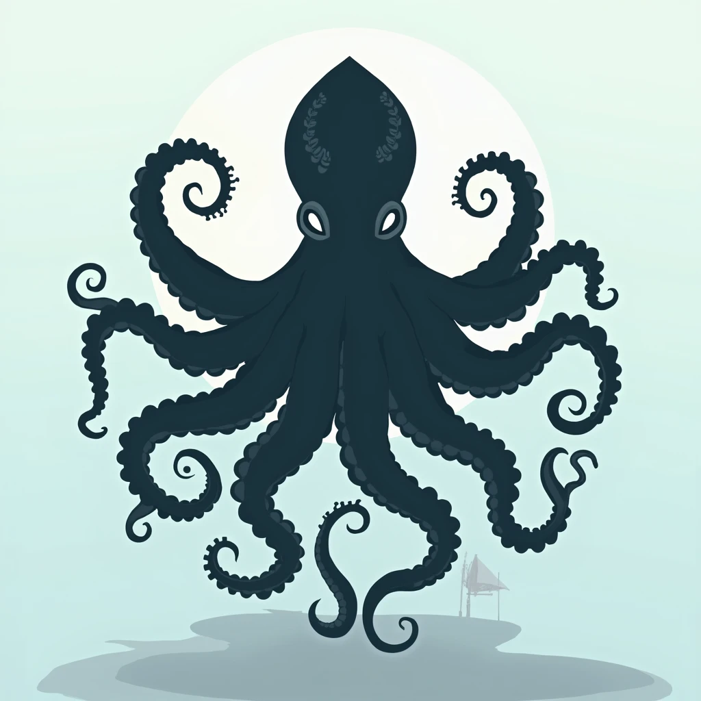 Silhouette of an octopus on a white background, silhouette of an octopus floating in the depths, Cthulhu squid, octopus tentacles, Leviathan Cthulhu squid, anthropomorphic octopus, female upper body, pale blue silhouette of an octopus with decorative tentacles growing around it, flat vector graphic with a squid tattoo, cephalopod, Cthulhu rising from the sea, Lovecraftian sea creature, logo mark drawn in blue and white, minimal, monotone, letters "seaart.ai" arranged in a circle, (simple background, white background: 1.5),