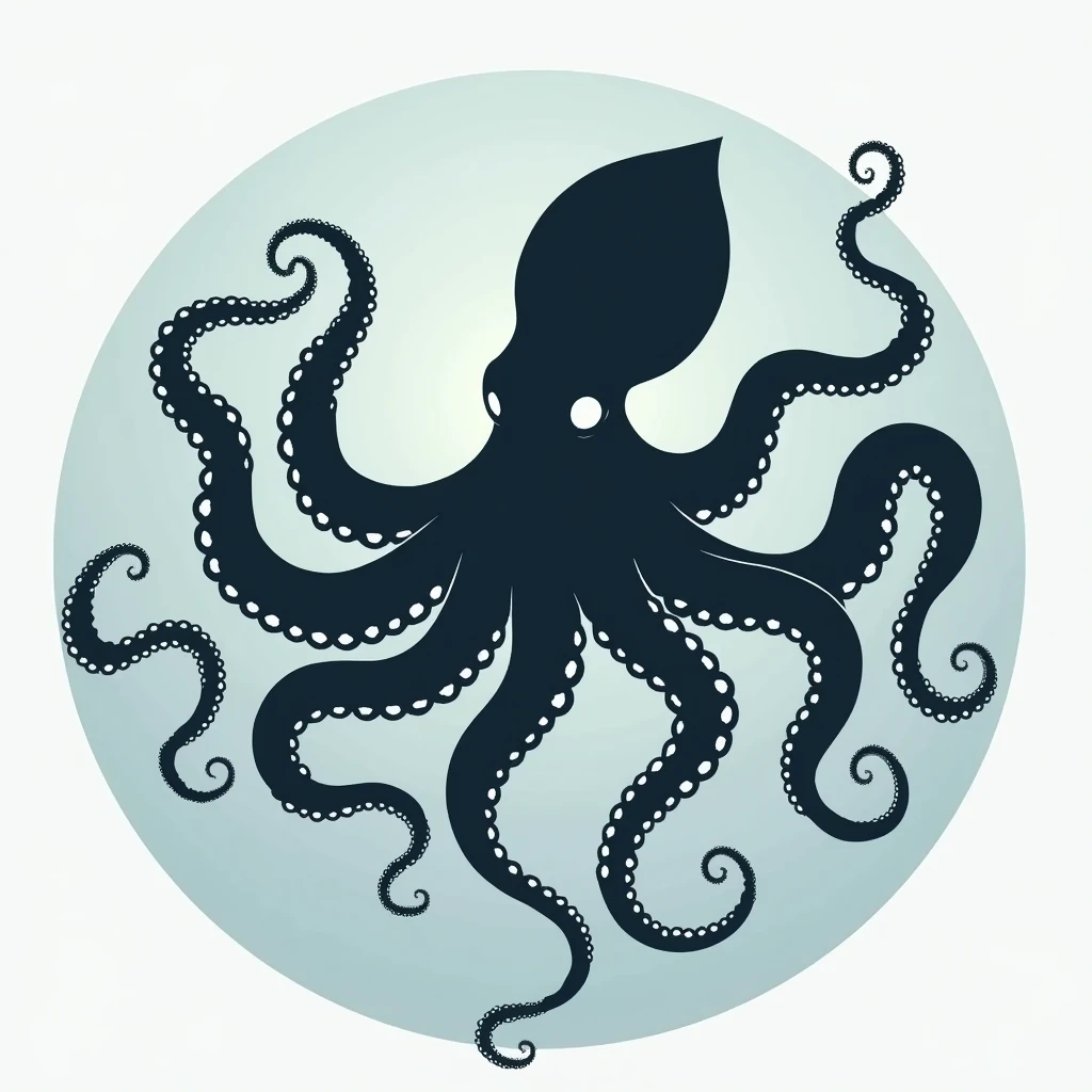 Silhouette of an octopus on a white background, silhouette of an octopus floating in the depths, Cthulhu squid, octopus tentacles, Leviathan Cthulhu squid, anthropomorphic octopus, female upper body, pale blue silhouette of an octopus with decorative tentacles growing around it, flat vector graphic with a squid tattoo, cephalopod, Cthulhu rising from the sea, Lovecraftian sea creature, logo mark drawn in blue and white, minimal, monotone, letters "seaart.ai" arranged in a circle, (simple background, white background: 1.5),