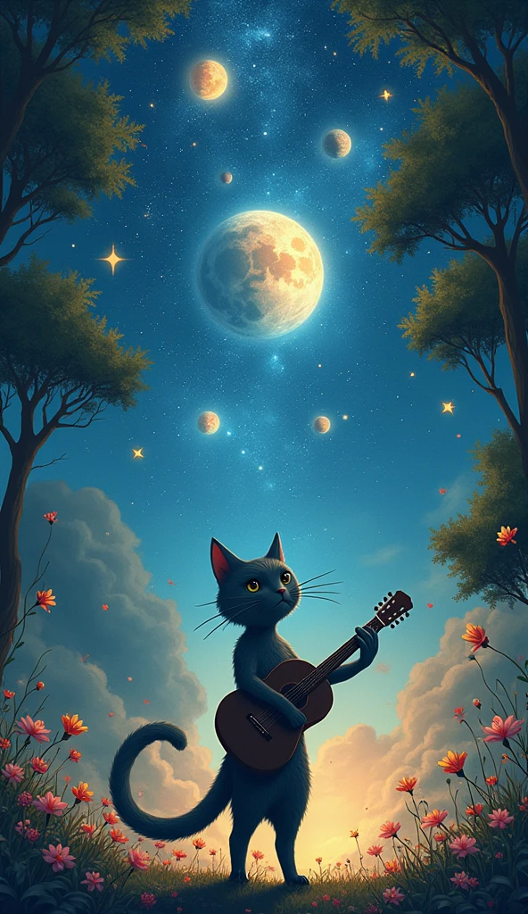 A little black cat playing bass under the night sky in cute hand drawn style