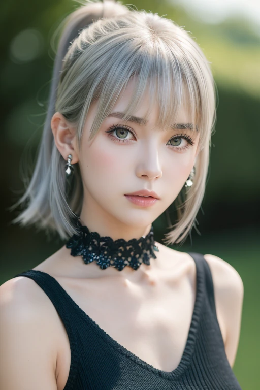 Silver Hair、Green Eyes、ponytail、sideboob、knit、Hot pants、Hairstyle: short black hair,
a girl,Alone,highly detailed beautiful face and eyes,looking at viewer、Black choker、4K,8k crescent earrings, Background blur, 