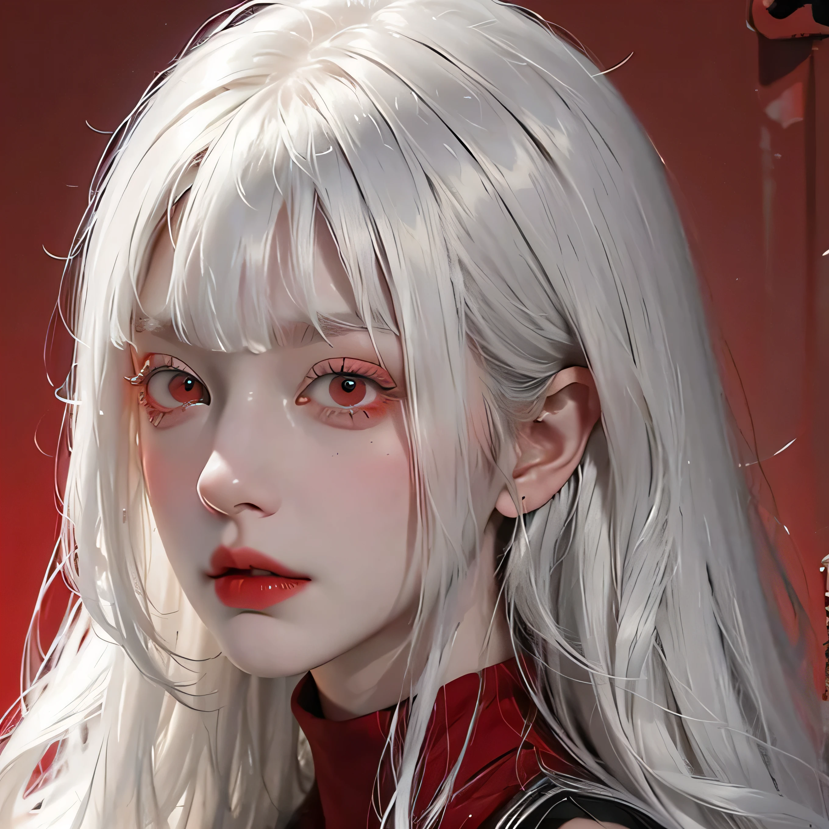 Analog style, RED eyes, white hair with straight bangs, red turtleneck , feminine, female, sexy, beautiful, BADASS, looks evil, cool, female fatale, ethereal , red background, Evil