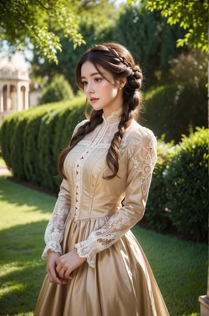 a beautiful young woman in a regency era dress, detailed facial features, long brown hair, elegant updo hairstyle, intricate lace and embroidered details on the dress, standing in a lush garden setting, ornate victorian architecture in the background, warm lighting, soft color palette, realistic, photorealistic, masterpiece, 8k