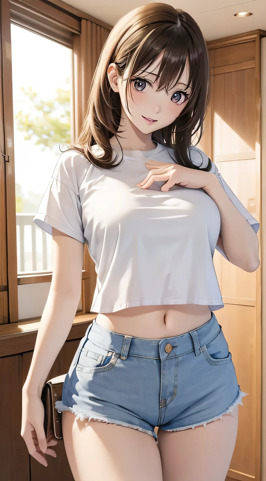 4 people、clear、Young woman, (Ample breasts). White short sleeve t-shirt and denim shorts、She is wearing a blouse and a tight skirt,