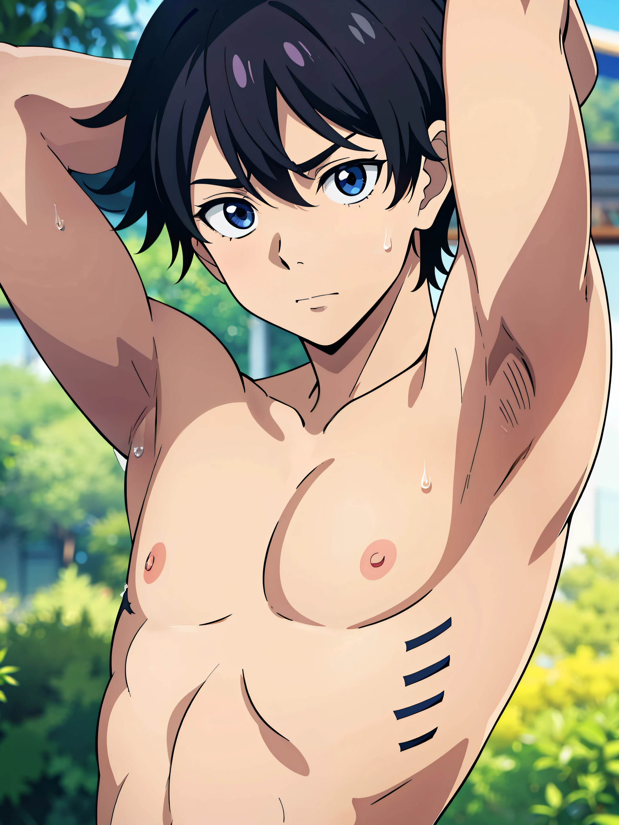 Sasuke Uchiha, (shota,  boy), armpit, (showing armpit:1.2), shirtless, without clothes, masterpiece, (thin body, slim body),best quality, ultra quality, absurd details, best light, best shadow, sharp, sharp picture, detailed face, detailed eyes, detailed hair, detailed, extremely detailed, great resolution, 8k, 4k, uhd, ray tracing, beautiful effects