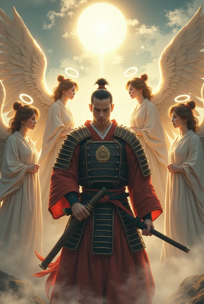 Samurai and 5 female angels - SeaArt AI