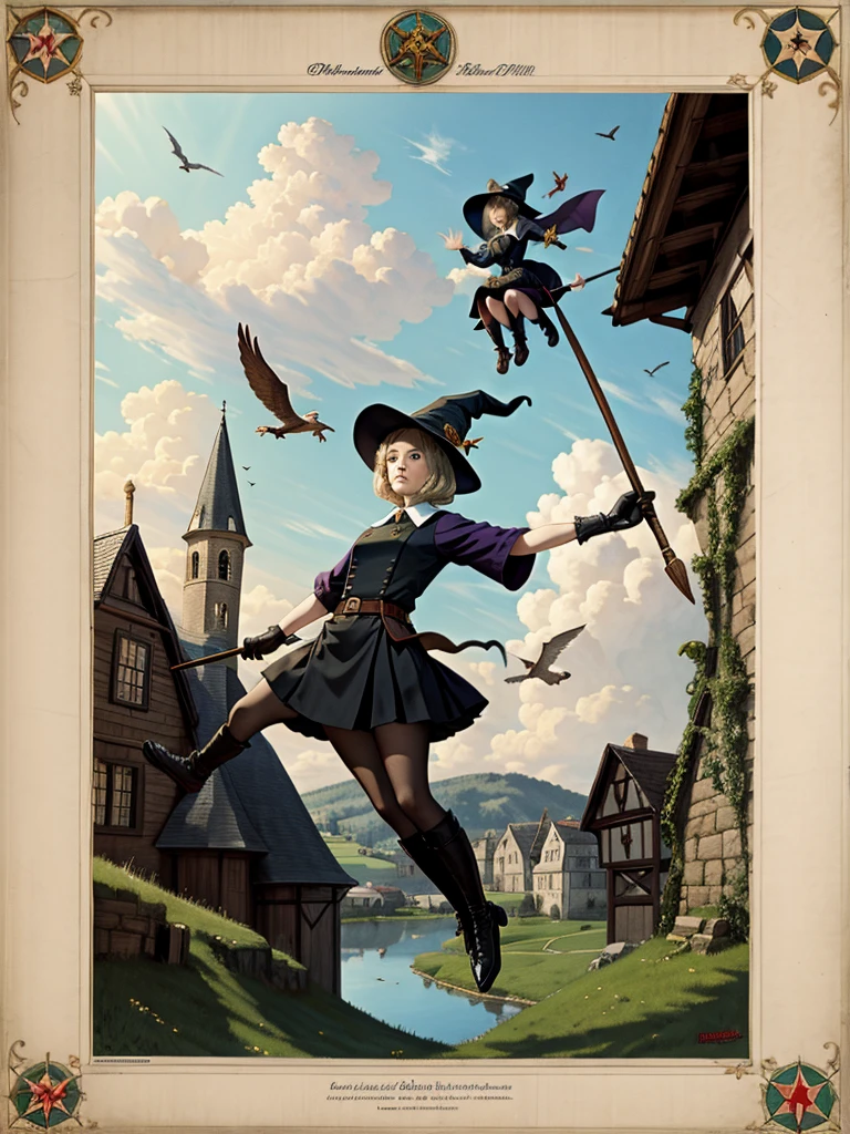 young witch flying on broomstick middle ages