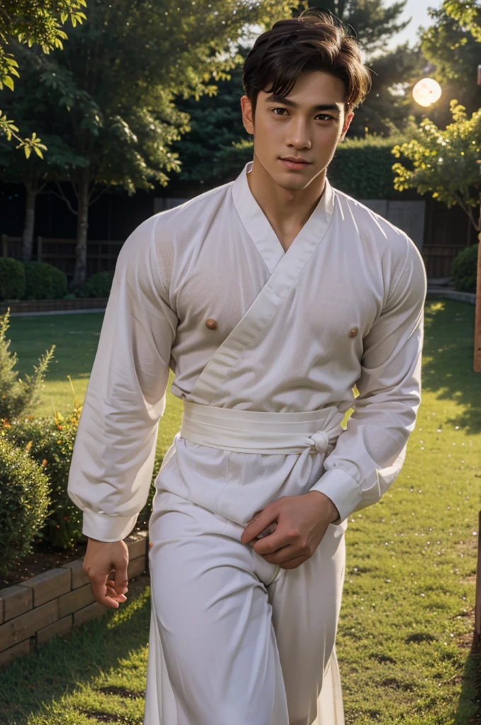 best quality, high_resolution, distinct_image, detailed background ,latin boy, young, smooth, muscle, shirtless, V-Shaped body, light brown skin, handsome, sexy, dressed in short, tight, white briefs, bulge. hanbok,flower,garden,moon, night,dutch angle, wide shot, crown, 