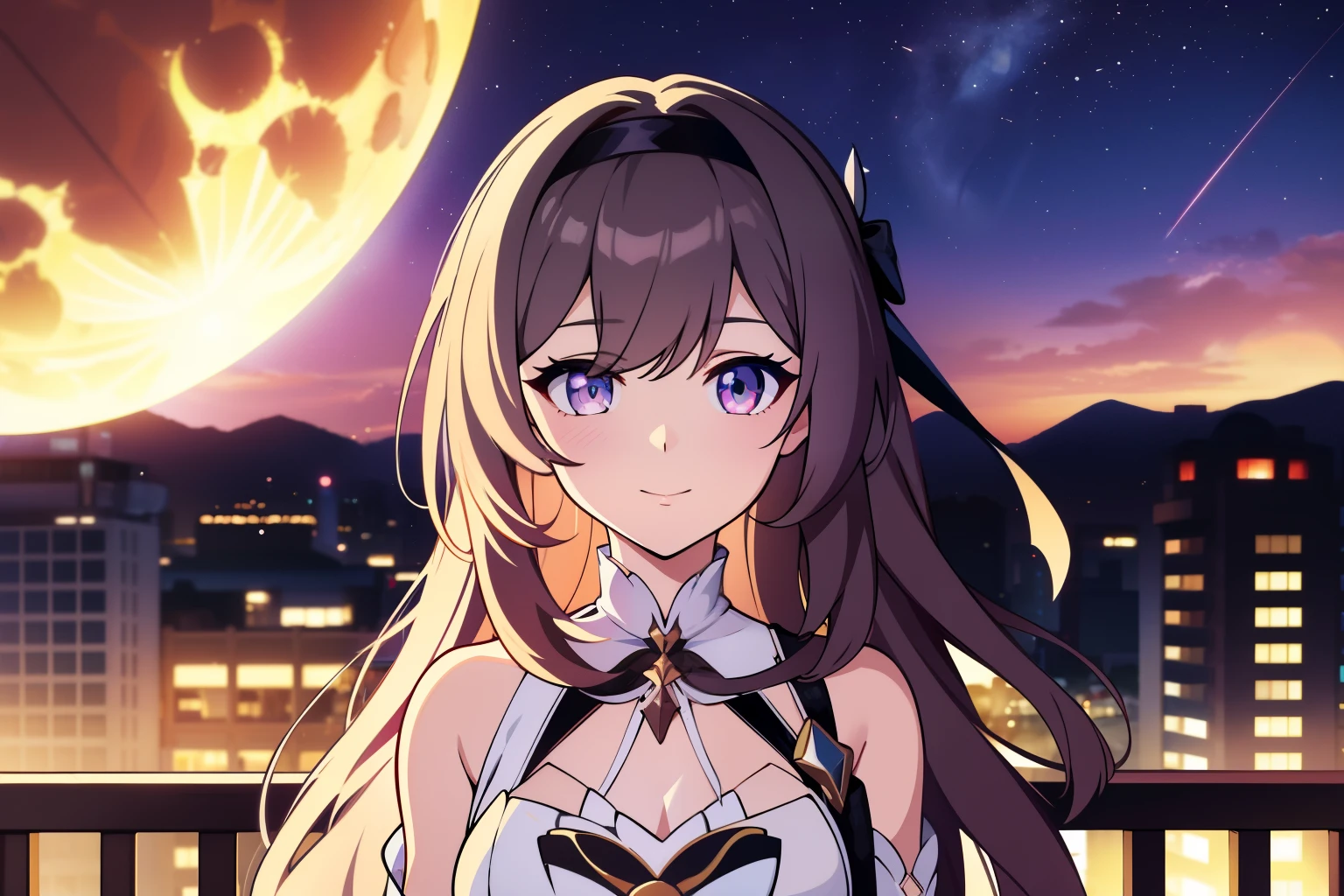 (high-quality, breathtaking),(expressive eyes, perfect face) portrait, 1girl, Symmetrical Eye, female, solo, , black hair, pink eye color, long hair length, soft wavy hair, gentle smile, loose hair, side bangs, looking at viewer, portrait, upper body, happy expression, ribbon in hair, flower in hair, fantasy clothing, elegant, mature, height 4"3, black shawl, white dress, ribbon sash tied around waist, Firefly Honkai Star Rail Character, Firefly, cute outfit, outfit for a date, starry sky, beautiful moon, balcony, library, bookshelves, 