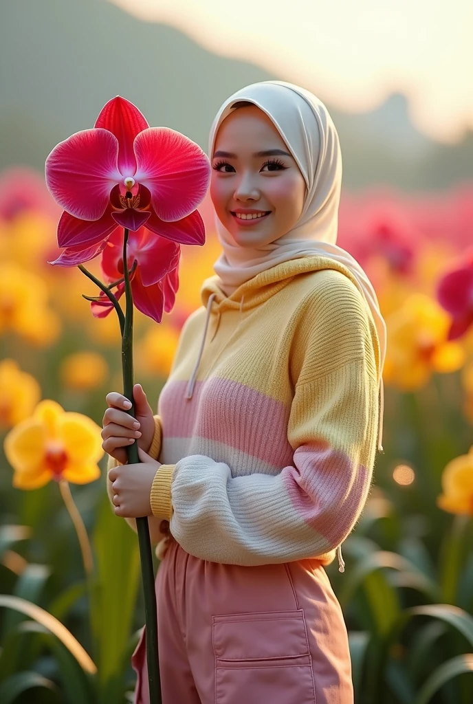 a beautiful Indonesian woman, smooth white skin, well-groomed face,wearing orange hijab, panjang, slow motion,wearing a yellow knitted hoodie with the name Santi logo . celana kargo hitam slow motion Banyak kantong nya,black watch, posing standing next to a beautiful and profusely blooming yellow purple orchid. The background of the beautiful orchid flower garden is very amazing .Realistic original photo