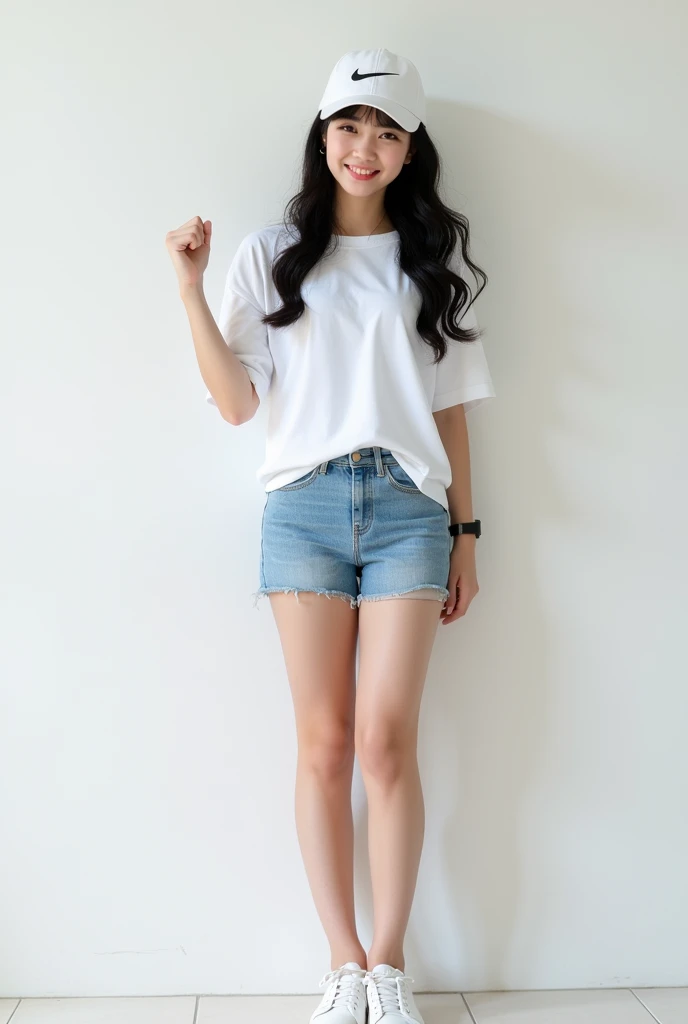 A beautiful 12-year-old girl dressed in the clothes of a 70s elementary school boy. She has a cute and beautiful face like an idol. She is pure and innocent. She wears a white T-shirt, extremely short denim shorts, high socks, sneakers, and long, slender legs.