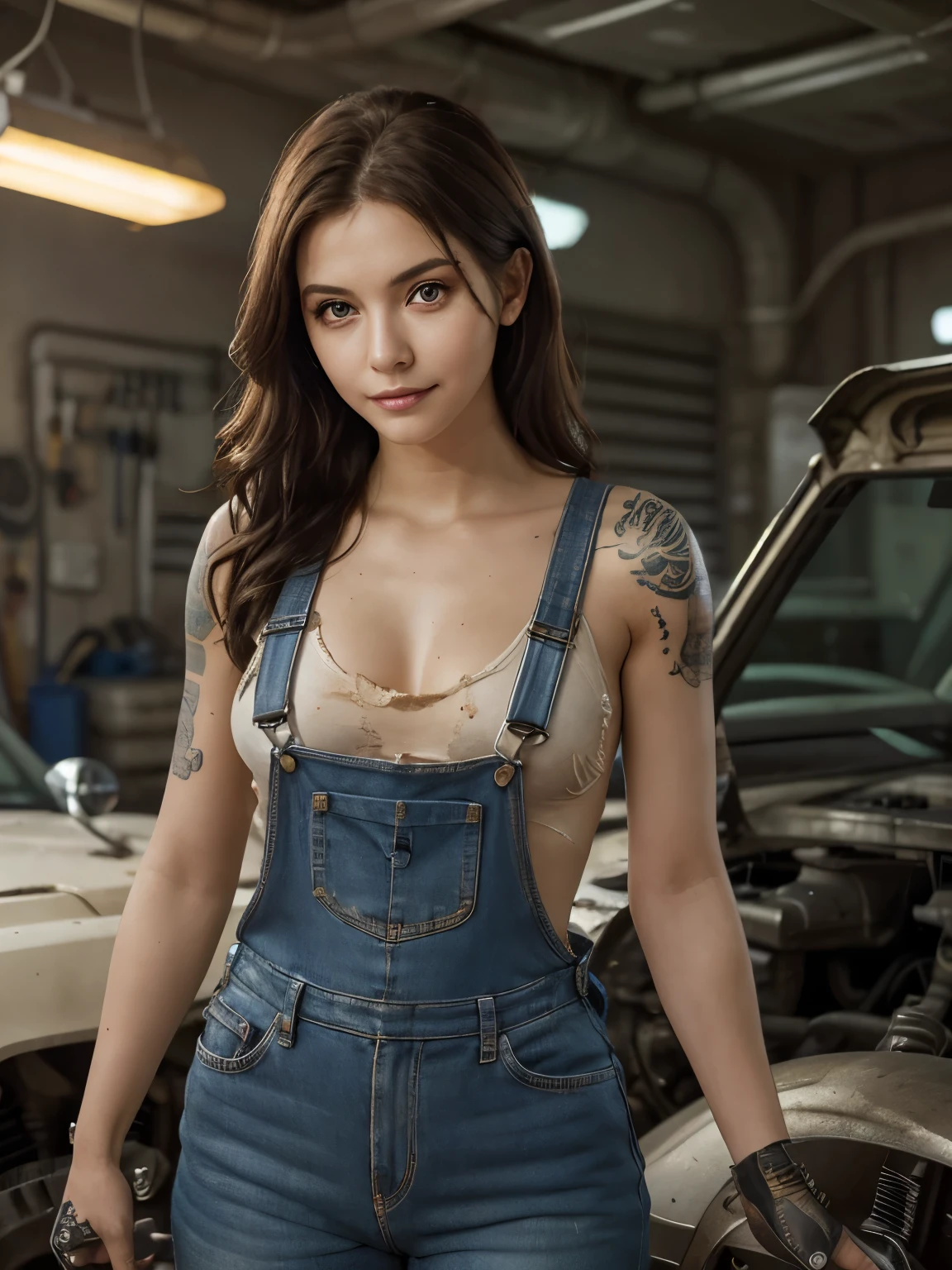 ((best quality)), ((masterpiece)), (detailed), mesmerizing and alluring female mechanic covered in grease,Confident smile，Look into the camera，(Dirty and rugged charm:1.2), (tough and confident demeanor:1.1), (mechanical expertise:1.3), disheveled hair, smudged face with a playful smirk, stained overalls clinging to her curves, (gritty tools of the trade:1.2), cluttered repair shop, scattered car parts, (authentic automotive ambiance:1.2), (intense gaze:1.1), gripping a wrench in her dirty hands, 8k resolution,looking at another, looking away,( tattoo:1.2), masterpiece, best quality,Photorealistic, ultra-high resolution, photographic light