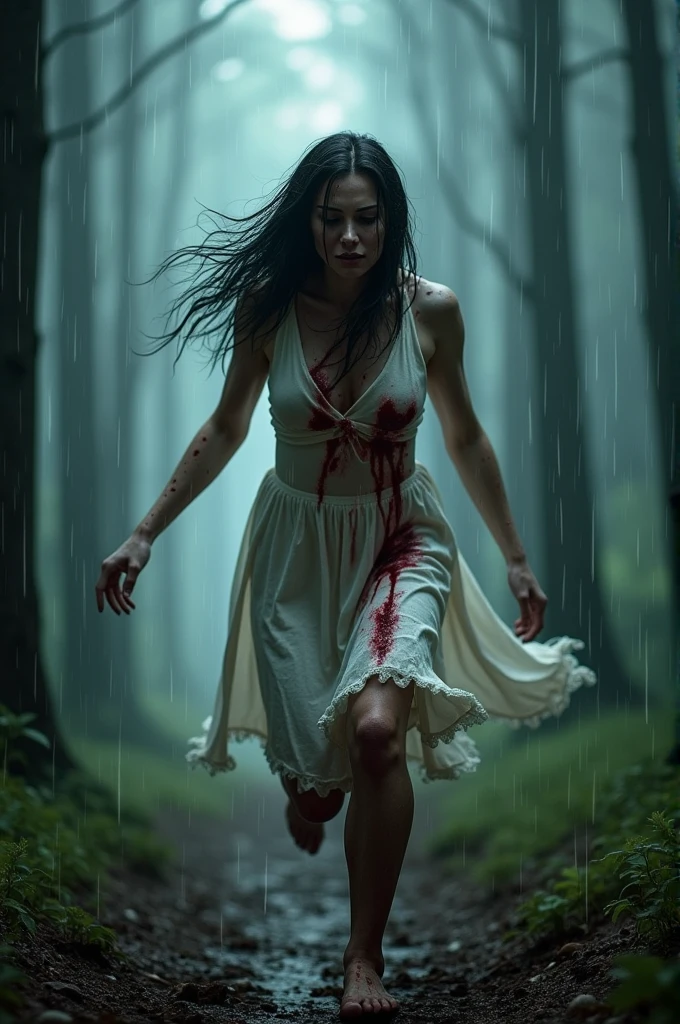 a desperate pretty young woman with white (wet torn dress) and (((bloody hands))), her face scratched, in a dark forest at( ((night))),full body photo, ((Best quality)), ((Meisterwerk)), (Detaillierte),