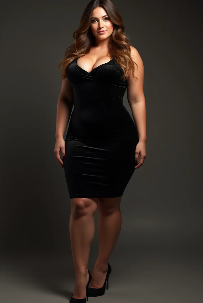 Full body photo of sexy 4 MILF,black mini skirt,high platform heels,seductive pose,huge breasts , look directly at the camera, that her underwear is slightly visible