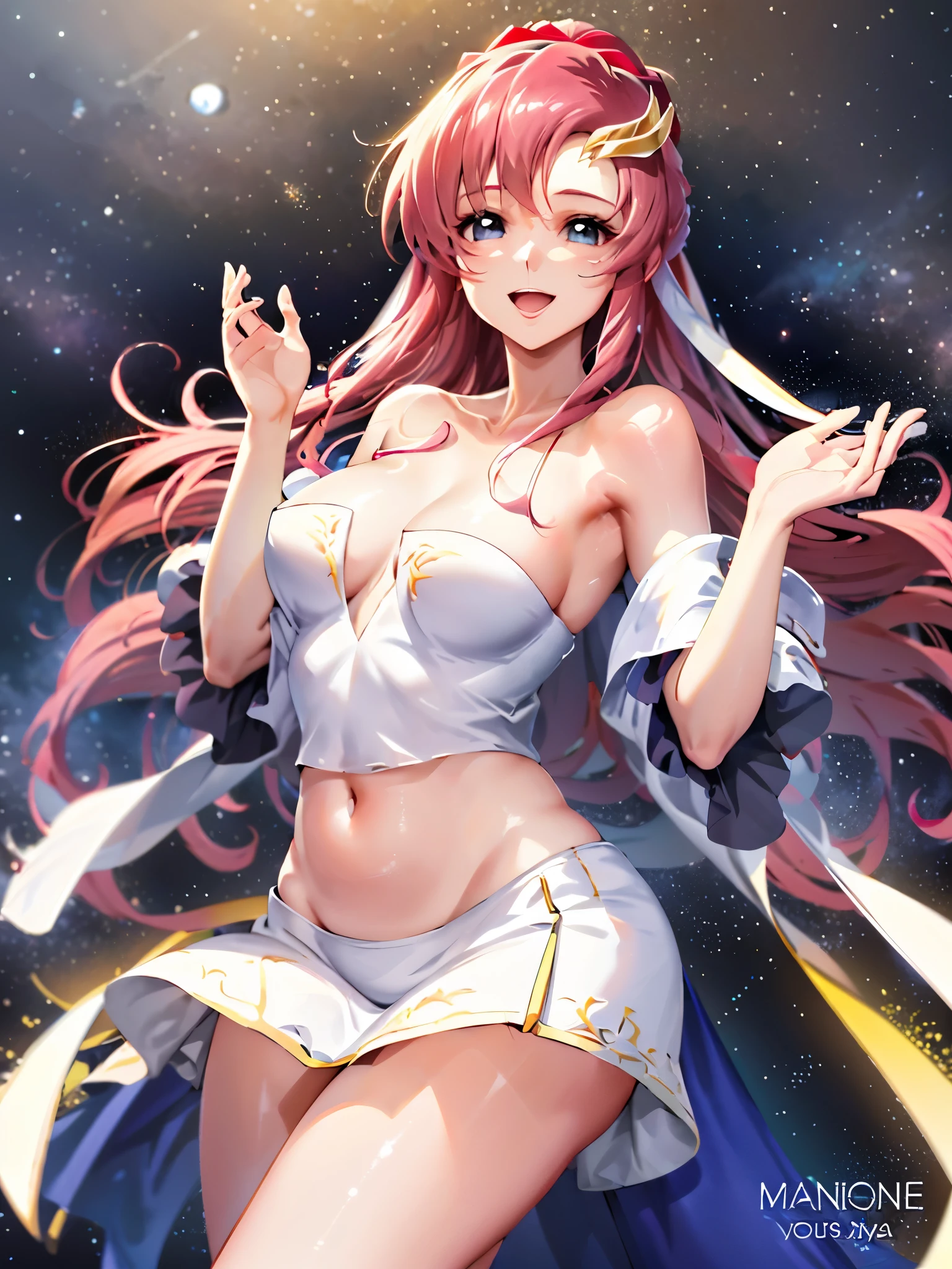 Armpit Show,look up,(masterpiece, 4K, Best Quality, anime style: 1.9, bold Draw a line, High chroma, Space Background, Detailed face, Tall, Adult female, Nice, (White background), Draw a line, High resolution, anime, Lacus 4. White dress with pink design), One girl, Alone, Curvaceous figure, Long Hair, clavicle, shoulder bone, Wavy Hair, Detailed wide hair bangs, Thighs, Hair accessories, Detailed reddish pink hair, Cleavage, Big Hands, Big Blue Eyes, Off the shoulder, Medium chest, smile, Open your mouth wide, Very slim belly, Dancing, Leaning forward, Very happy