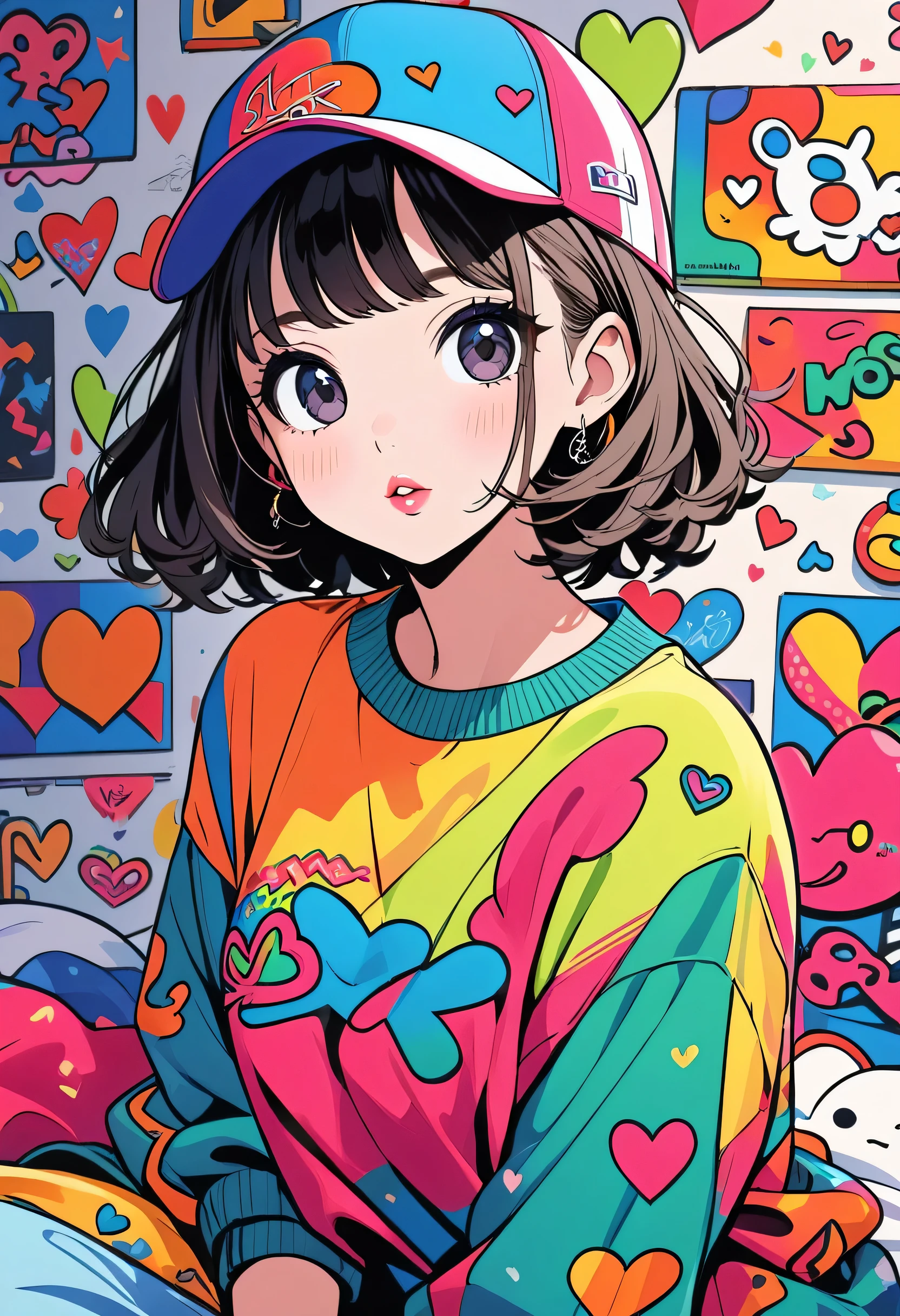 Ultra-realism Keith Haring colorful style, Simple Line Initialism,Abstract art,(((The most beautiful girl of all time))), Sweet face. Lips in love, colorful hearts, stylish design, sports fashion, Dark Eyes, (((Holiday Room))), (((Cute amoeba)))