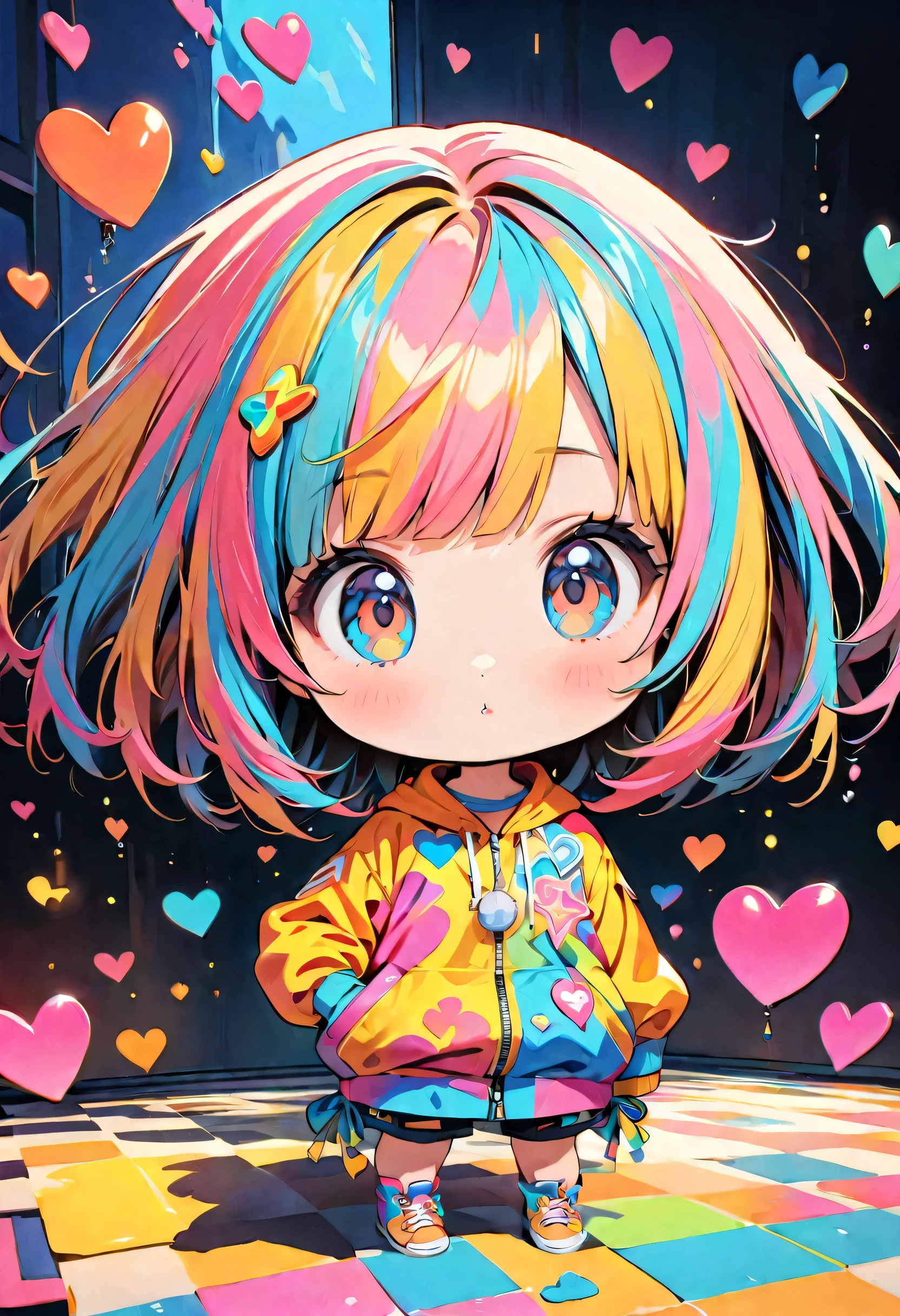 (highest quality:1.2, City Pop Style, Very detailed, up to date, Vibrant, High Contrast, masterpiece:1.2, highest quality, Best aesthetics), Ultra-realism Keith Haring colorful style, Simple Line Initialism，Abstract art，(((The most beautiful girl of all time))), (((chibi))), Sweet face. Lips in love, colorful hearts, stylish design, sports fashion, Dark Eyes, (((Holiday Room))), (((Cute amoeba))), ((Face Up Shot:1.4)), Colorful Hair, Bobcut, pastel colour, 1980s style, 