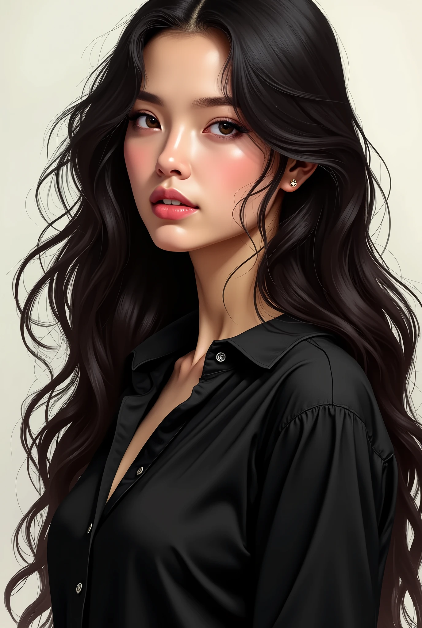 Arafed image of a woman with long black hair and a black shirt - SeaArt AI