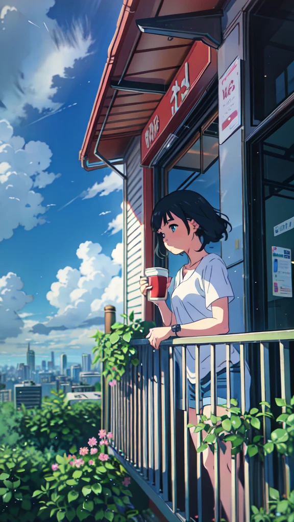 a girl standing on a balcony with a cup of coffee, cgsociety 9, chillhop, alena aenami and artgerm, makoto shinkai and artgerm, lofi girl aesthetic, anime scenery, makoto shinkai and (cain kuga), lofi aesthetic, anime landscape, anime nature, roof background, anime wallaper