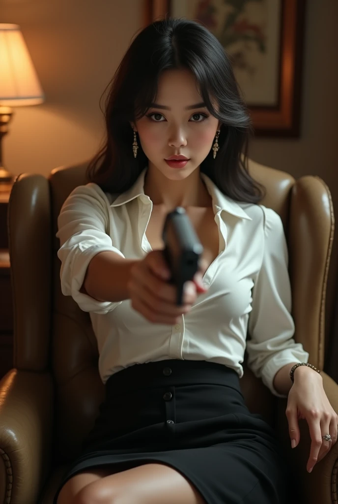 photorealistic portrait, Thai Women, Long black hair, White shirt, holding a rigby gun .470, The backdrop is wild.., There was the afternoon sun hitting my hair and face.