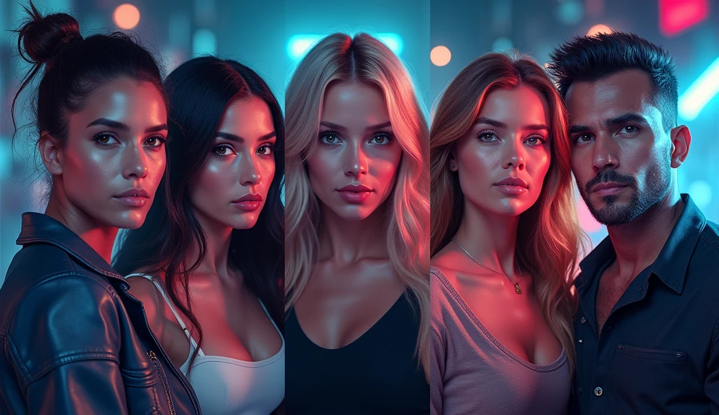 Three women are in the spotlight, similar in appearance to the photos you provided. They are at a party with a predominantly black and red background., with subtle lighting to highlight the sophisticated nocturnal atmosphere. Ao fundo, there are other people visible, but blurred, to keep the main focus on the three women. 1. The first woman, with dark skin and braided hair that falls to the side, wears a stylish top and a high-waisted skirt, in dark tones. 2. The second woman, with fair skin and curly blonde hair, wears a red dress with a black jacket 3. The third woman, with olive skin and straight, dark brown hair, wears a black corset, combined with a long skirt or pants that brings a touch of elegance. They all have dark brown eyes, long hair and a delicate face, Soft, all three are 20 year olds. The scenery in the background suggests a sophisticated party, with diffused lights and an elegant atmosphere, where red and black tones predominate in the decoration. realistic drawing