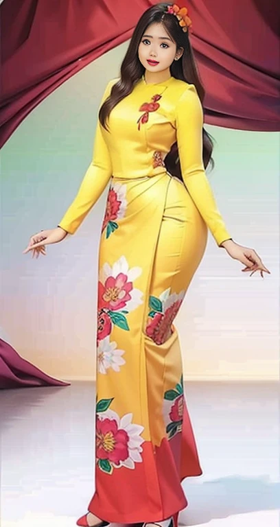 Attractive curvy full body Myanmar girl./ high hips / big hips / wide hips, not thin / thin / full body, full body suit of friends.  ((Mostly colored silk dress)) A long dress painted with reflective flowers.  A single outfit.  ((full body))hi gh hips High resolution image Nature background High resolution HD 3D,  8K animated anim