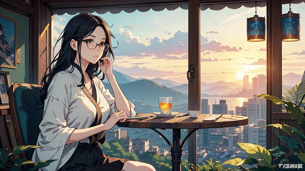 there is a woman reading a book while sitting at a table, artwork in the style of guweiz, artgerm. anime illustration, guweiz on pixiv artstation, beautiful character painting, guweiz, beautiful anime portrait, guweiz on artstation pixiv, range murata and artgerm, wavy long black hair and glasses