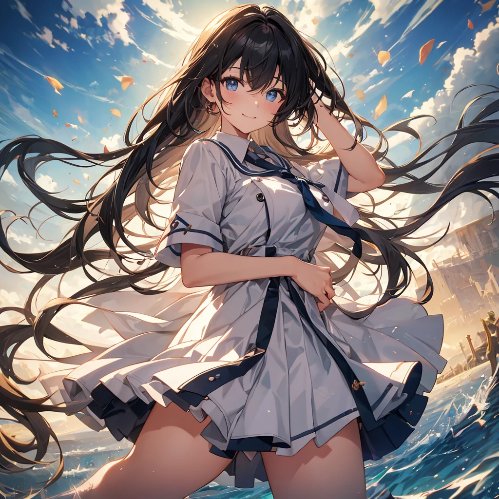 Best Quality,Best image quality,Perfect Anatomy,masterpiece,Very detailedな,beautiful,super high quality, Best Quality,High resolution, Very detailed,Game CG,Dutch Angle ,Beautiful attention to detail,Visual Arts,Five fingers, Perfect hands,Hide your hands, {{{One Girl}}}, Beautiful detailed girls, Game CG, Spring flower,masterpieceアニメ，Best Quality, Very detailedな顔，Power Pro, sugami, {{{One Girl}}}, Black Sailor Suit, Very light green long wavy hair, Dark hair tip color, Blue Eyes, Female Manager, School grounds, Yellow tie, Sleepy smile, Knee-high portrait, Three-dimensional background, Multiple clouds,