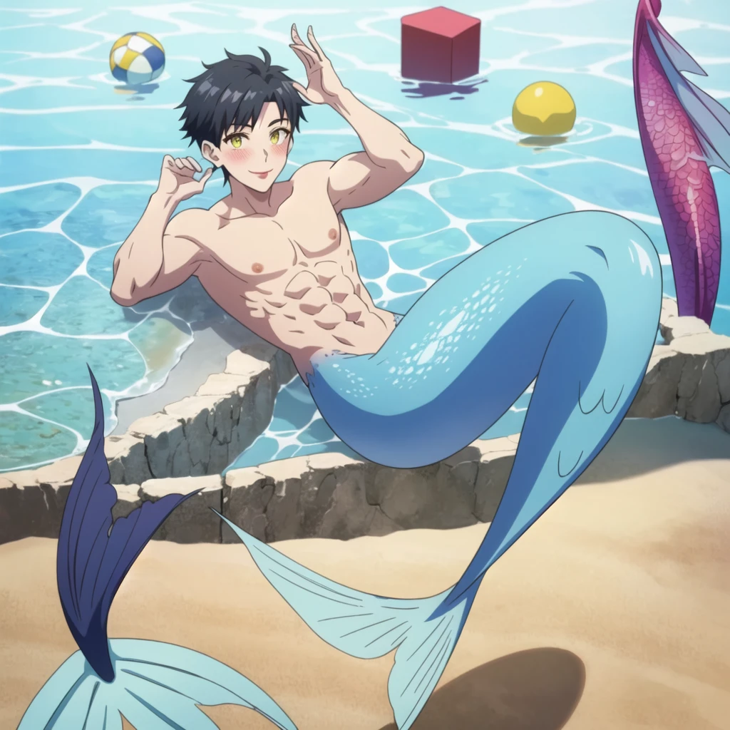 Merman, male chest, long merman tail below waistline, black hair, braid, smile, blush, underwater, necklace, bracelate, yellow eyeshadow, yellow lips,