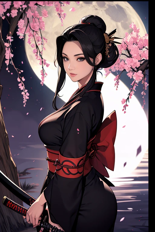 High image quality、High resolution、masterpiece、Wide-angle shot、30th Generation、woman、samurai、Black kimono that emphasizes the bust、Perfect Style、A rural road at night with a single willow tree、Full moon in the sky、Japanese sword、Center parted hair、My whole body is throbbing、Bewitching pose、