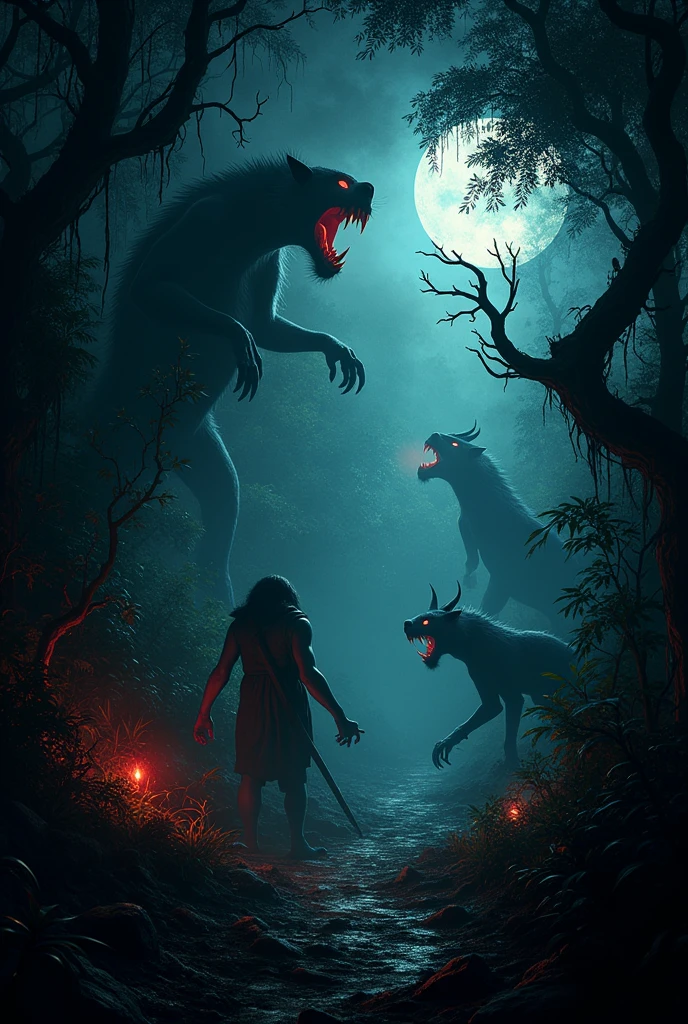 Abused 13 year old orphanage  girl in the dark surrounded by demons and a glowing fiery butterfly in the distance